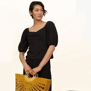 H&M Woven Linen Blend Black Puff Sleeves Sweatheart Neck Top Blouse Size XL